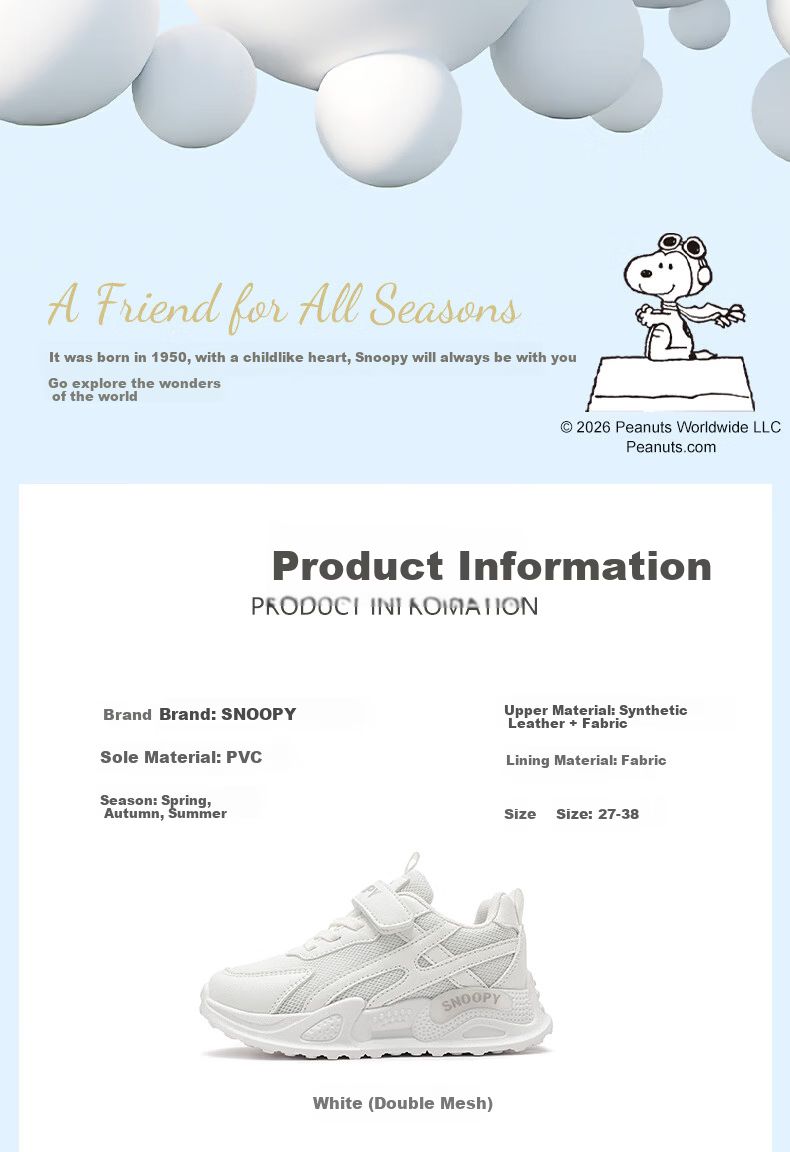 SNOOPY Spring and Autumn Children's Sports Shoes Girls Breathable Soft Sole White Shoes Boys Casual Mesh Shoes 0089 White Size 27 1