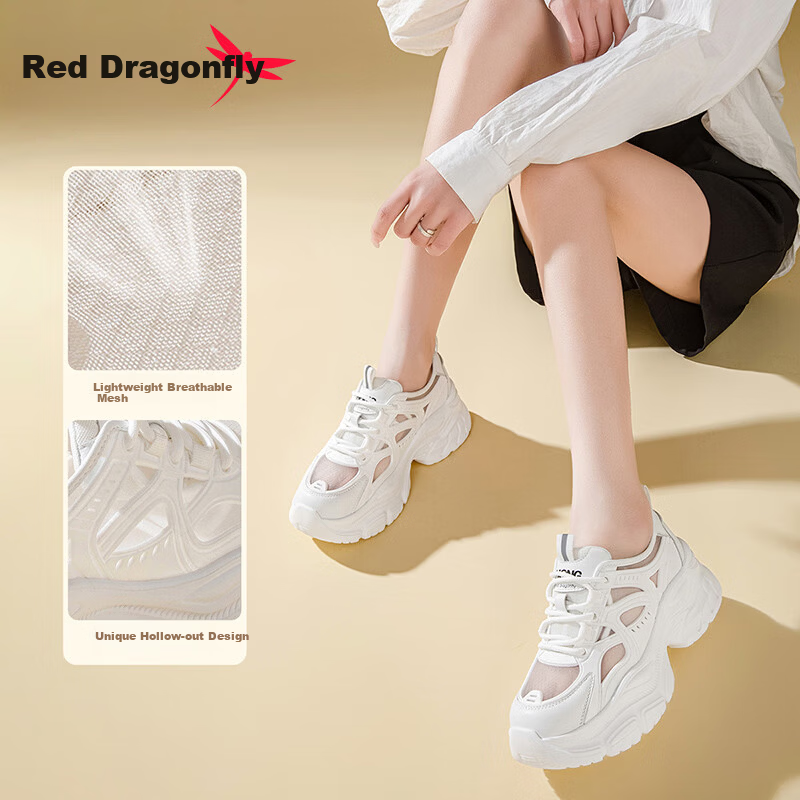 Red Dragonfly Women's Mesh Breathable Dad Sneakers Thick Sole Height Increasing Sports Casual Shoes WPB25029 Beige Mesh Size 36