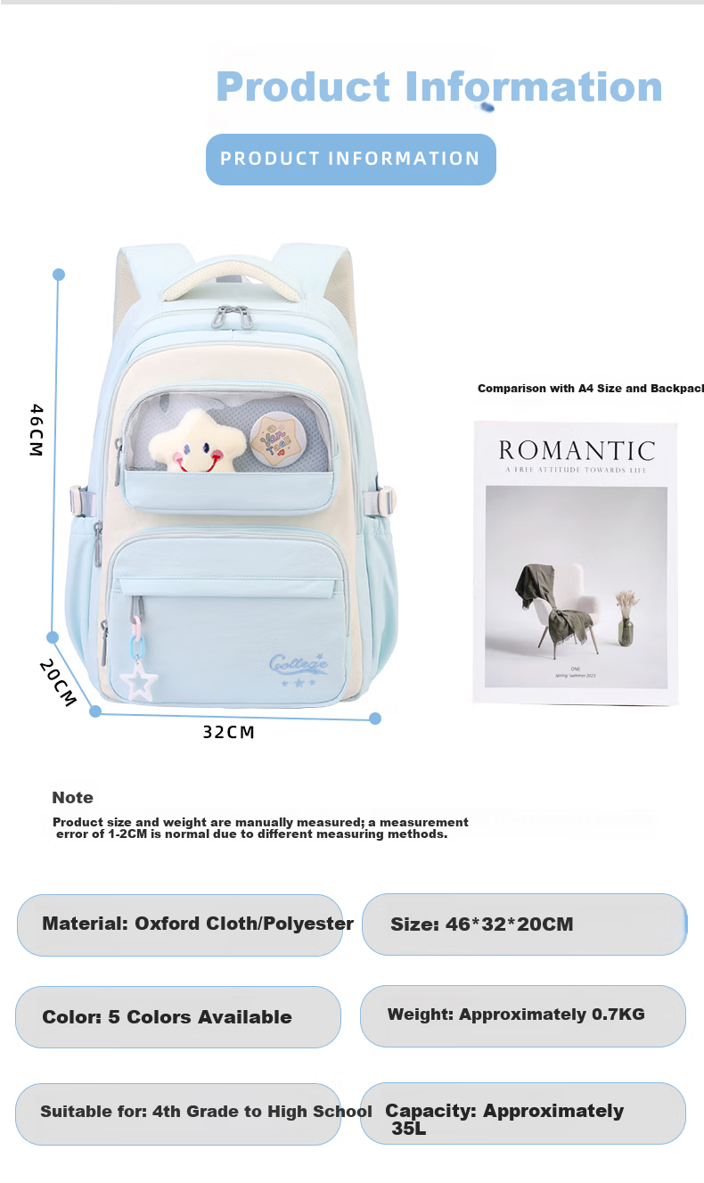 Anyshine Girls' Primary School Backpack High-Value Lightweight Ergonomic Large Capacity Backpack for Grades 4-6 and Grade 7 10