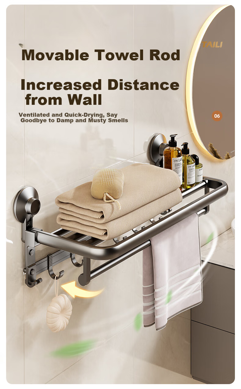 Taili Bathroom Wall-Mounted Storage Rack 4-Piece Set, No-Drill Bathroom Shelf, Nail-Free Towel and Bath Towel Hooks, Corner Rack 6