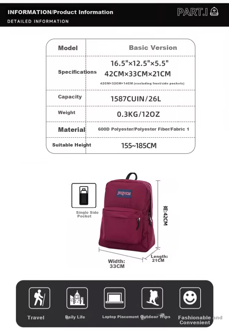 JANSPORT Jasper Backpack Women's Student School Bag Men's Sports Casual Solid Color Backpack 4QUT5M9 Dusk Purple 2
