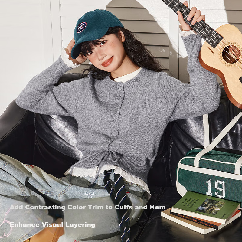 TonLion Women's Sweater Faux Cashmere Knit Colorblock Ruffle Cardigan Spring Autumn New Slim Fit Top