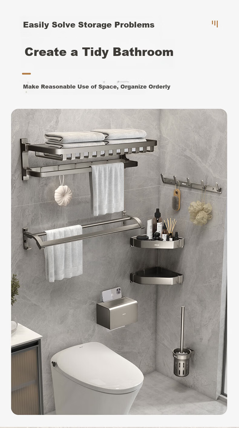 MICOE Bathroom Storage Rack Towel Rack No Drilling Required Bathroom Hanging Rack Widened Foldable Gun Gray Towel Rack with Mesh Basket 5
