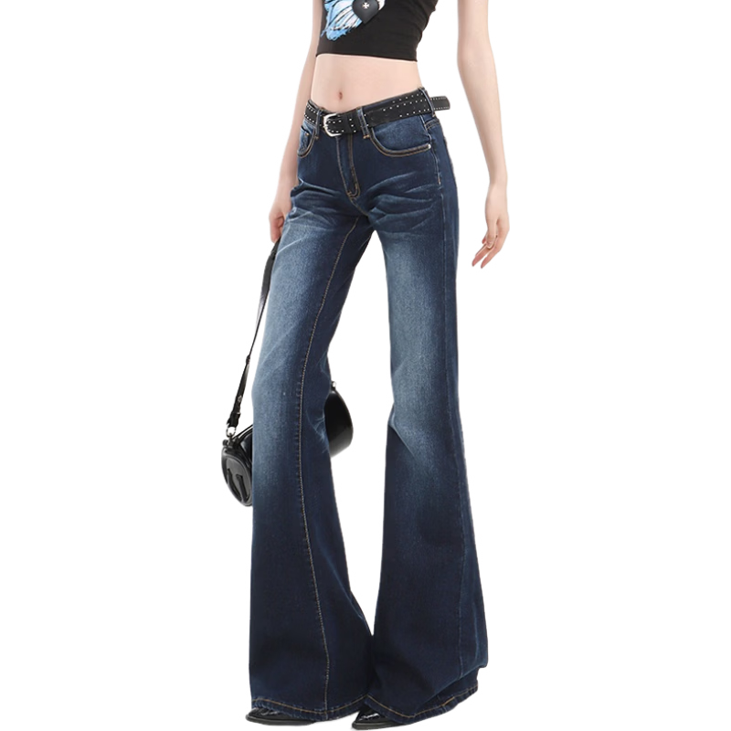 Jeanswest Vintage Low-Rise Slim Fit Flared Jeans for Women, Stretchy, Slimming, Versatile, Dark Blue, Size S