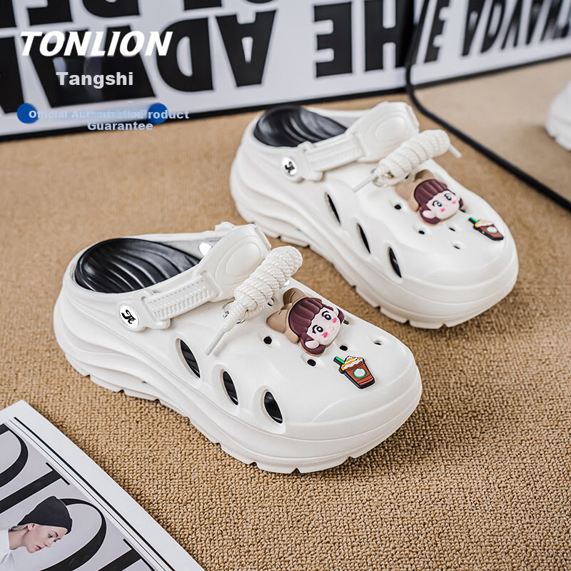 TonLion Women's Summer 2026 Hole Shoes Casual Thick-Soled Beach Sandals White Black Size 39/40