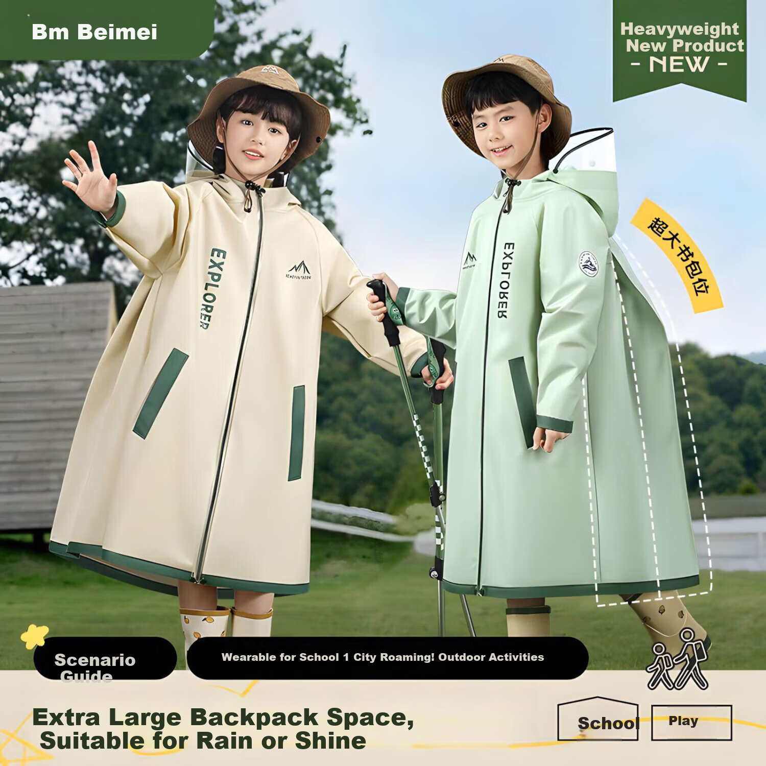 Beimei Kids Raincoat Unisex Full-Length Heavy Rainproof School Rain Poncho with Extra Large Backpack Cover for Elementary and Middle School Students