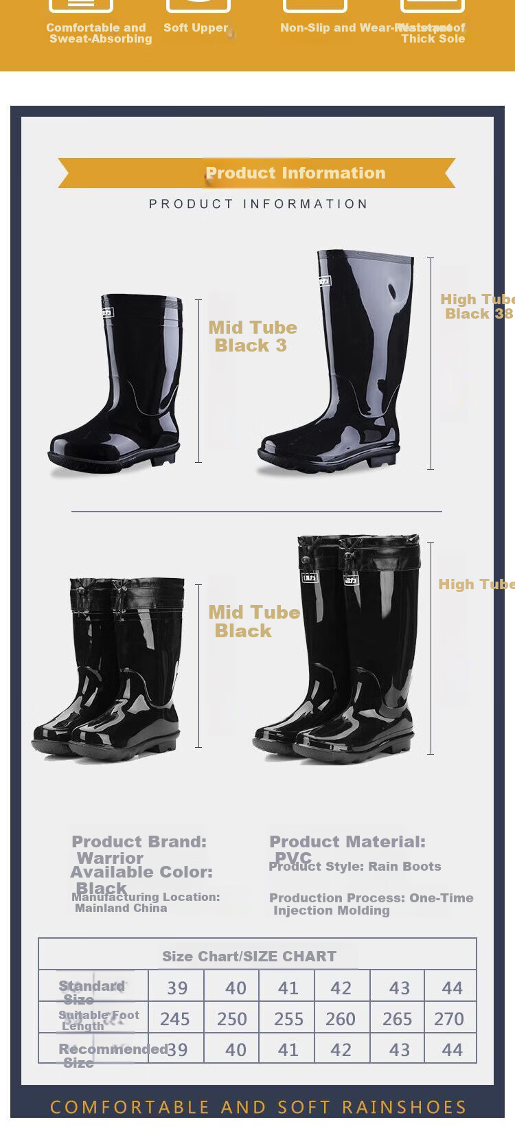 Warrior Men's Waterproof Rain Boots with Fleece Lining, Warm, Fashionable, Non-slip, Durable Outdoor Mid-Calf Black Size 40 HL838 2
