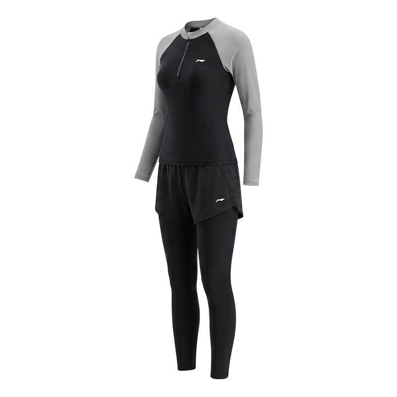 LI-NING Women's Two-Piece Long Sleeve and Long Pants Swimsuit Diving Surfing Suit Hot Spring Equipment Sun Protection Swimwear 1561 Black Gray 2XL