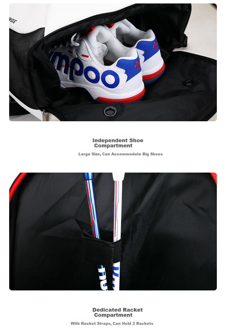 KUMPOO Badminton Bag with Separate Shoe Compartment, Multi-Compartment Storage, Dual Zipper, Multifunctional Backpack, Shoulder Bag KBR-001 7