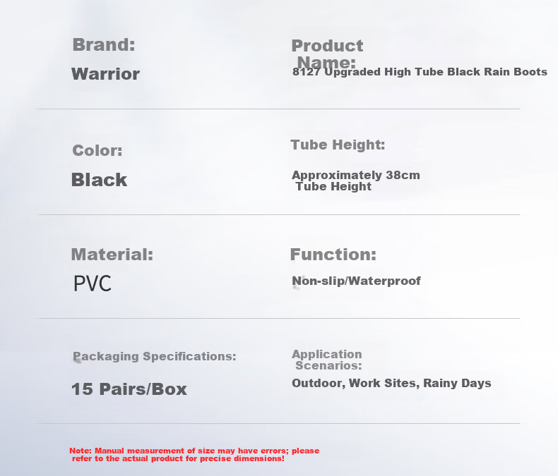 Warrior High Tube Rain Boots Waterproof Outdoor Non-Slip Rubber Shoes Reflective Patch Upgrade Model 8127 Black Size 45 12