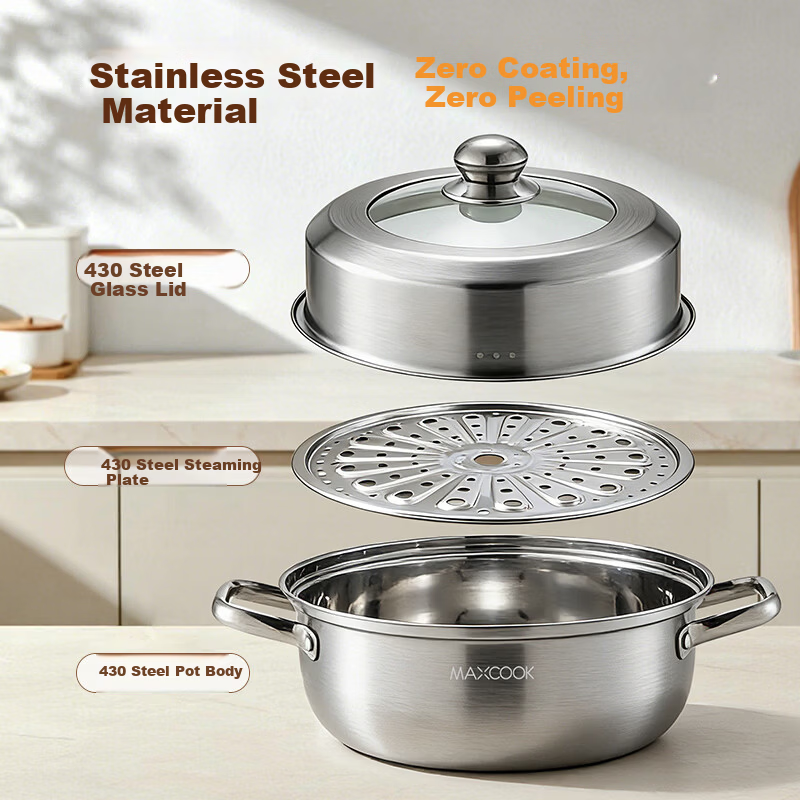 MAXCOOK 28CM Thickened Stainless Steel Single-Layer Steamer Pot Hot Pot Soup Steamer Compatible with Gas Stove and Induction Cooker