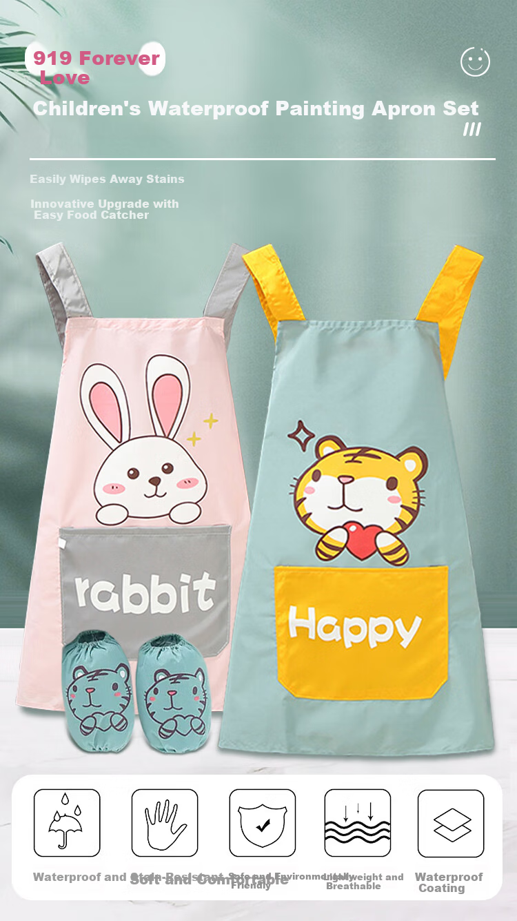 9I9 Baby Apron, Waterproof Children's Smock, Drawing Clothes, Kids' Eating Clothes, Anti-Dirt Easy-To Reverse Wear Clothes with Sleeves, Tiger Patter 1