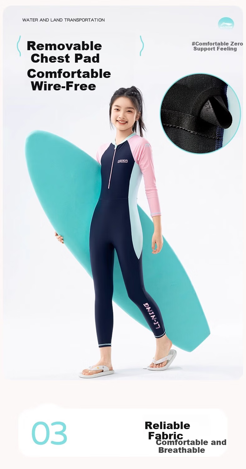 LI-NING Kids Girls One-Piece Long Sleeve Long Pants Swimsuit with Chest Pad Sun Protection Swimwear for Middle School and Older Children 5