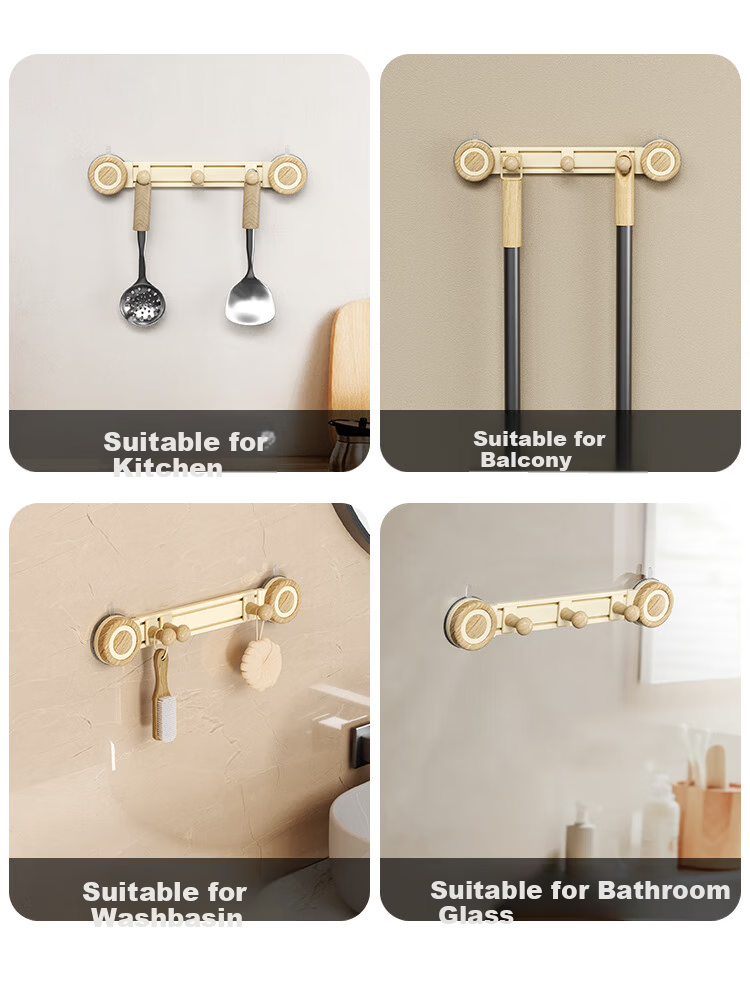 Zhongbaotang Suction Cup Double Hook No-Drill Wall Hook Bathroom Kitchen High-Grade Wood Grain Suction Cup Double Hook 1 Piece 5