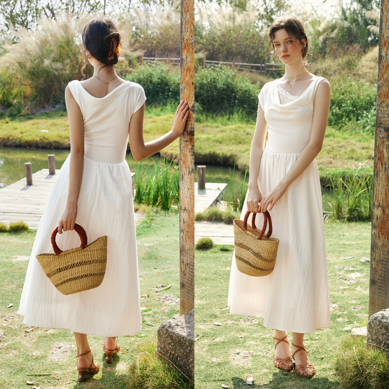 Olrain Eurielle Summer Lyocell Dress French Asymmetric Off-Shoulder Lace Splice Waist Dress White L