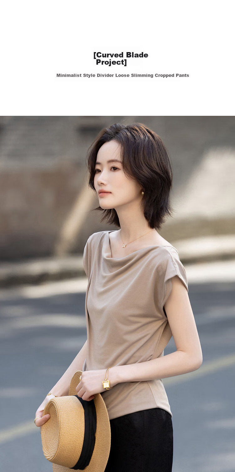 Demana Breathable Cupro Jersey Summer Elegant Draped Collar Raglan Deep V Back Tie Slimming T-Shirt for Women 4