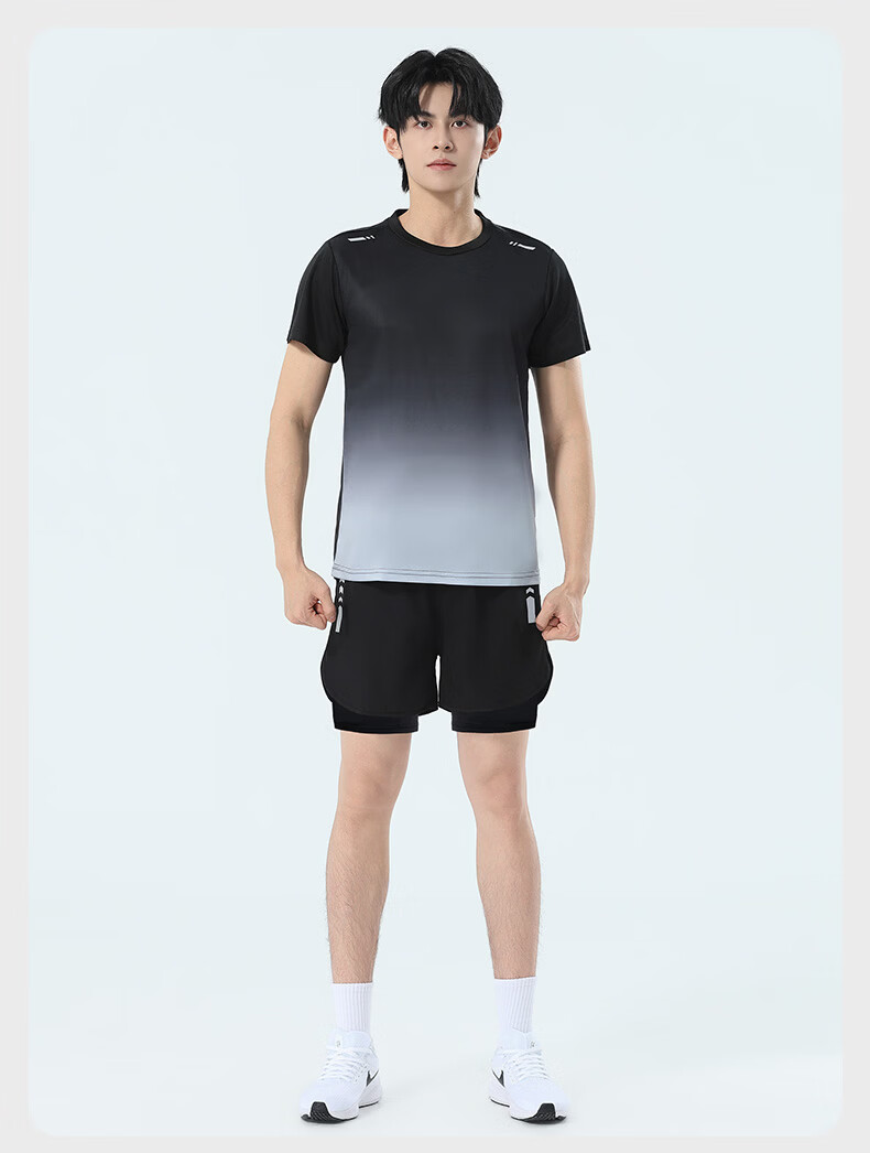 VICTORIATOURIST Men's Summer Running Sports Set Quick-Dry Ice Silk Short Sleeve T-Shirt and Shorts Fitness Badminton Training Apparel 15