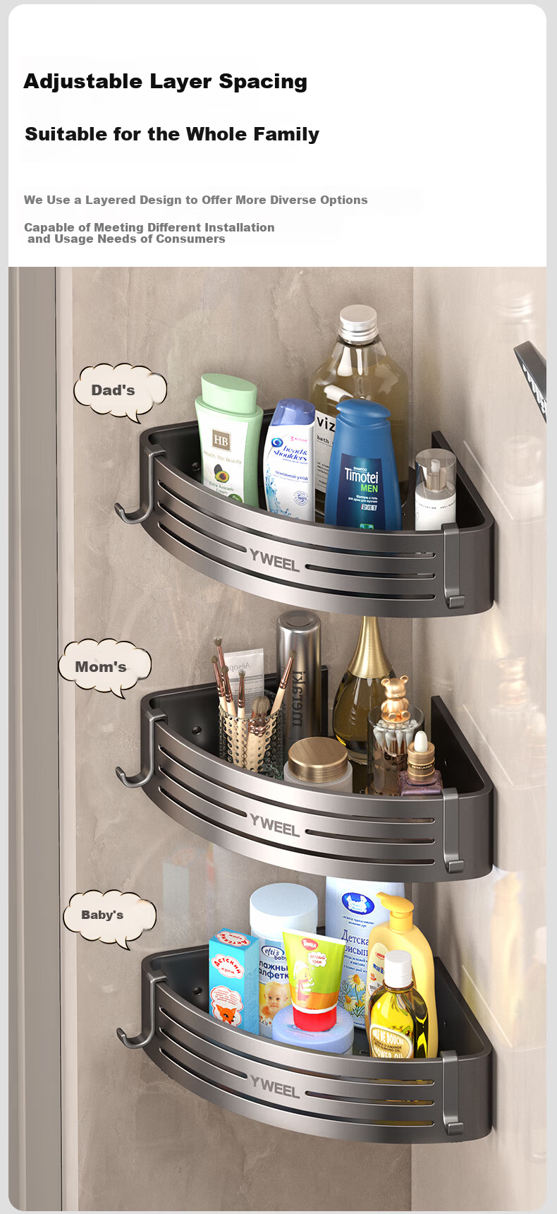 Yweel Triangle Storage Rack, No Drilling Required, Bathroom Space Aluminum, Nordic Simple Style, Suction Cup Wall-Mounted Washbasin Organizer Shelf 6