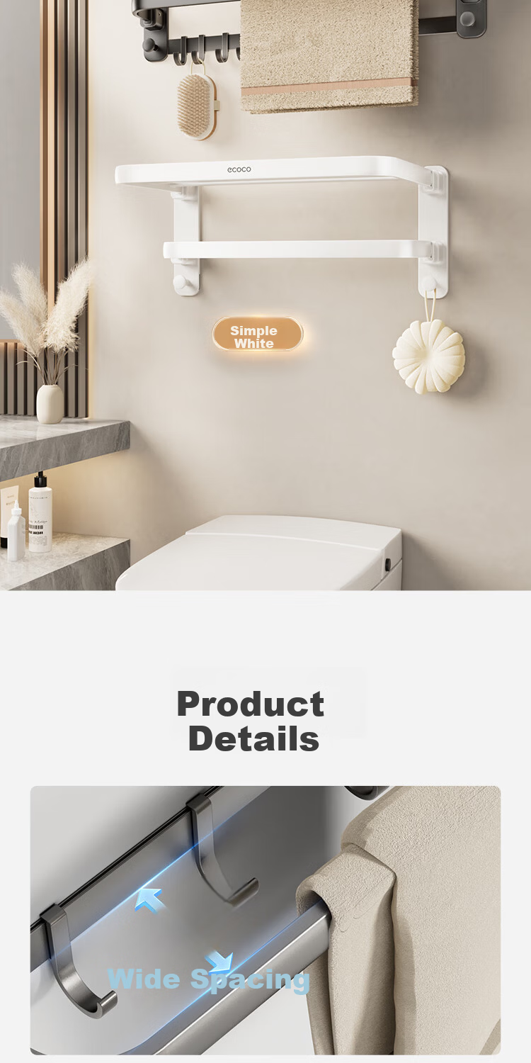 Ecoco Double-Layer Foldable No-Drill Towel Rack with Hooks Space Aluminum Bathroom Clothes and Towel Holder 25046 Dark Gray 13