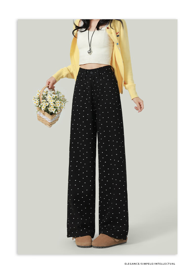 Jeanswest High-Waist Design Women's Jeans Spring Summer Printed Polka Dot Floral Slim Straight Wide-Leg Pants White M 6