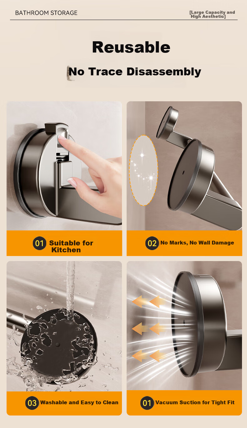 Baihan Suction Cup Towel Rack No Drilling Bathroom Storage Rack Wall-Mounted Towel Bar Toilet Bath Towel Organizer 7