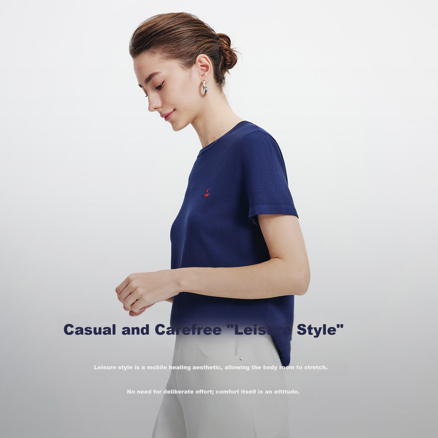 Navigare Small Sailboat Basic Short Sleeve T-Shirt Women 2026 New Round Neck Solid Color Knit Top 2325506507