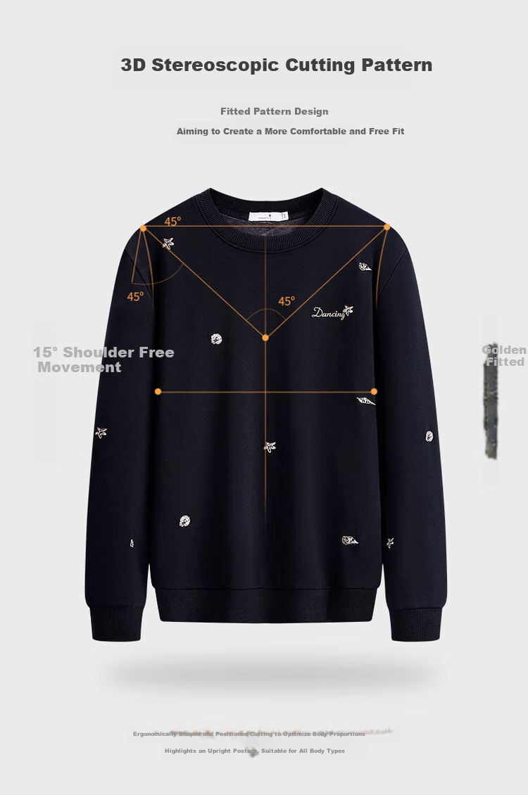 Dancing with Wolves [Fleece Lined Warmth] Autumn Winter Embroidered Round Neck Thickened Men's Sweatshirt 001 Black 175 7