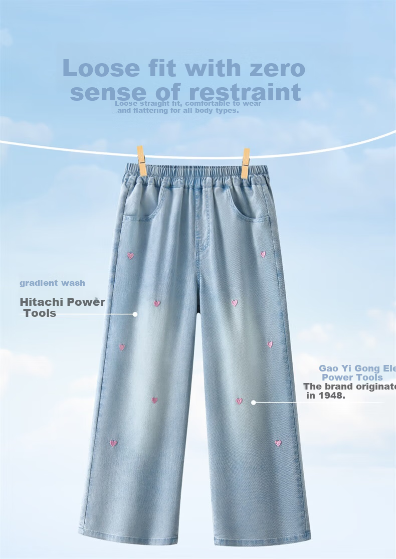 MARCOLOR Marcale Kids Girls Denim Set Summer 2025 New Children's Short Sleeve Wide-Leg Pants Two-Piece Set 5