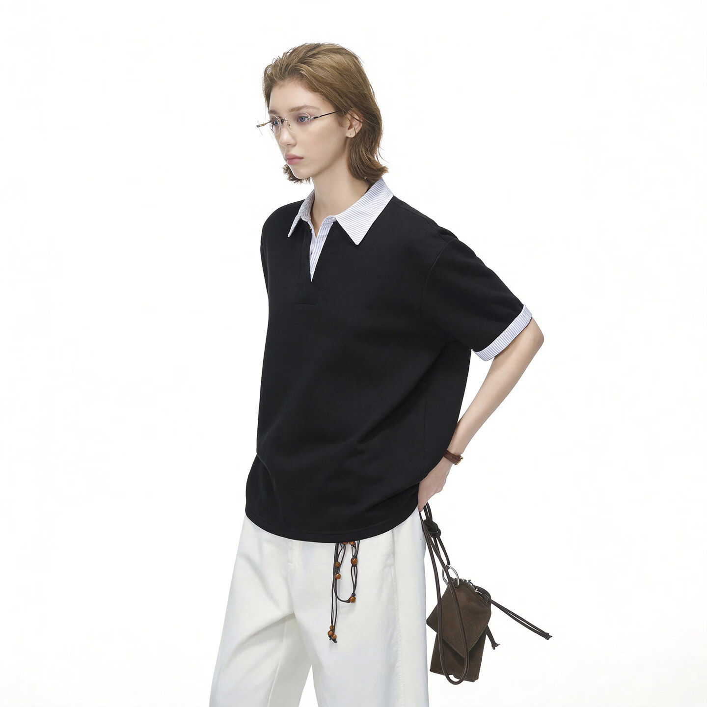 ICH MODE Intellectual High IQ Fake Two-Piece Striped Short Sleeve Polo Shirt Women Summer Couple T-Shirt Black M