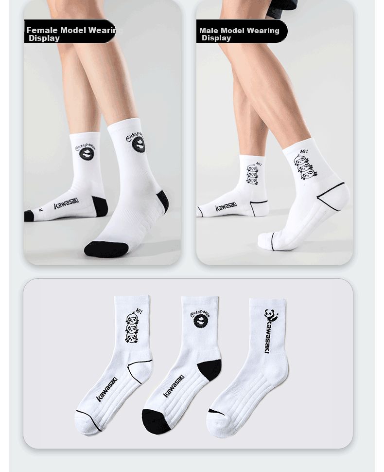 KAWASAKI Thickened Towel Bottom Sweat-Absorbing Sports Mid Socks Panda Series C6372 White/Black 3 Pairs Pack 12