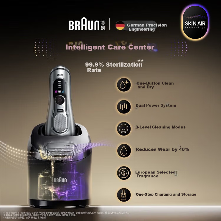 Braun Series 9 Peak Edition 2.0 Smart Care Center Portable Electric Shaver with Extra Replacement Blade Reciprocating Razor