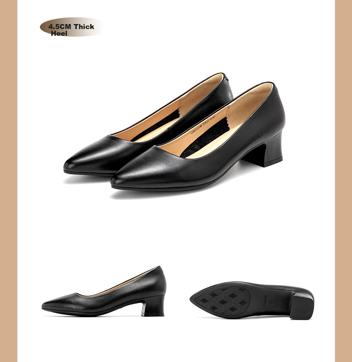 Aokang Official Women's Leather High Heels, Black Thin Heel Professional Work Shoes, OL Pointed Toe Low-Cut Pumps, Size 35 20