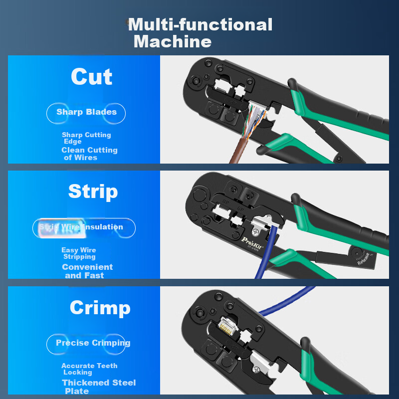 Pro'sKit CP-376TR Network Cable Crimping Tool 4P/6P/8P Multi-Function Professional Ratchet Crimper for RJ45/RJ11/RJ12 Connectors