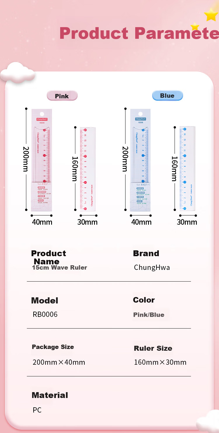 Chung Hwa Explosion-Proof Wear-Resistant High-Precision Plastic Ruler 15cm Multi-Spec Student Drawing Measuring Ruler Wave Transparent Acrylic RB0006 Blue 9