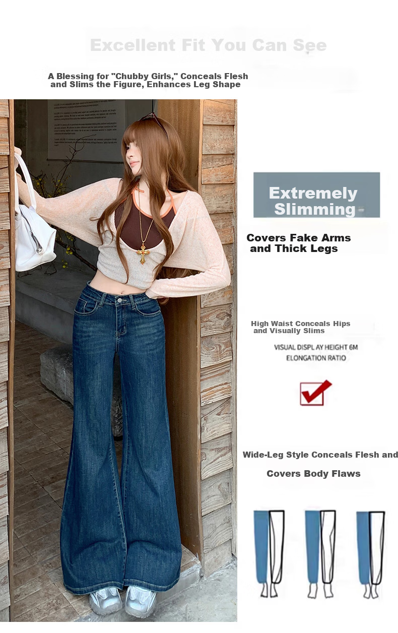 Jeanswest Women's Summer High-Waist Slimming Wide-Leg Casual Flowy Bootcut Jeans Dark Blue XL 5