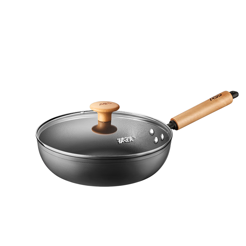 ASD Flat Bottom Frying Pan with Titanium Iron, Uncoated Iron Pan for Steak And Stir-Frying, 28cm Small Hammer Pattern Deep T6WG