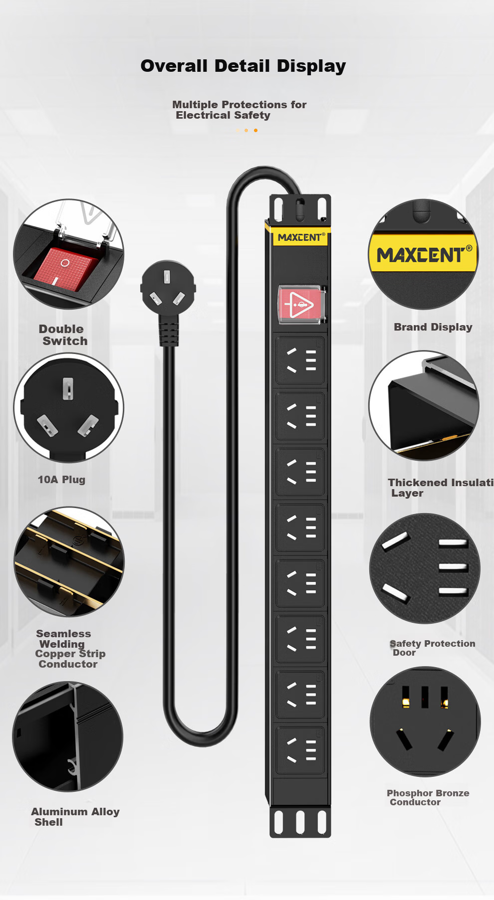 MAXCENT PDU Cabinet Socket, 8-Outlet 32A Industrial Plug, 10A Output, New National Standard Single Lamp, Lightning Protection, High-Power Industrial Power Strip MG3826N 2