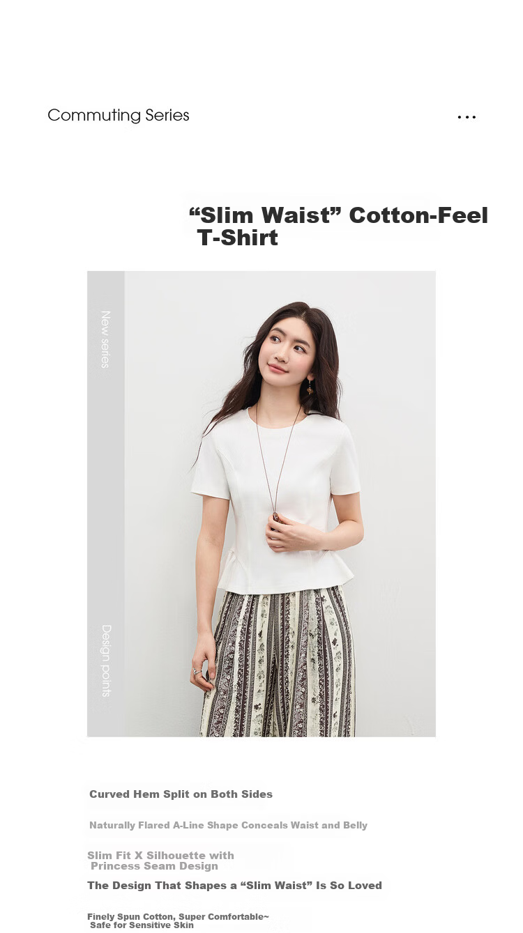 Shangdu Bila Gentle Pure Cotton Short Sleeve T-Shirt Women Spring Summer Simple Round Neck Split Design Slim Fit Top Youthful Temperament Layering 1