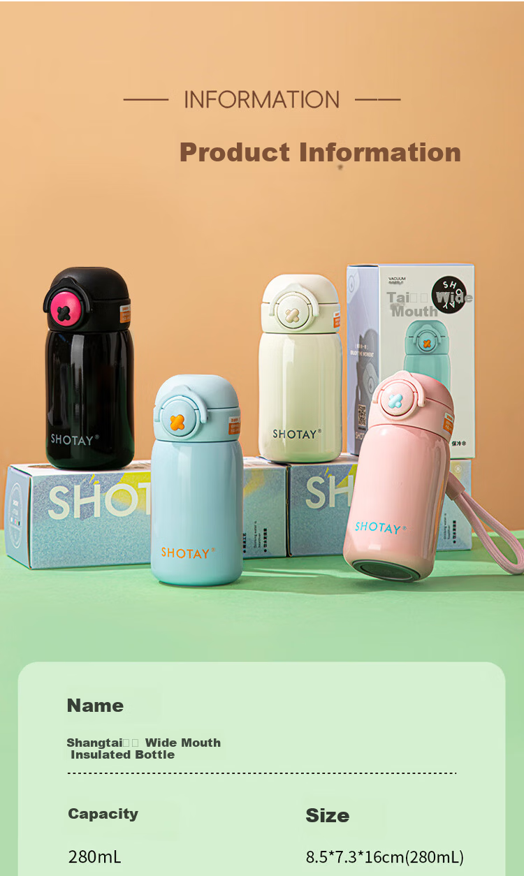 Shangtai 316L Stainless Steel Insulated Water Bottle 280ml Compact Pocket Outdoor Flip Lid Thermos 8185 White 4