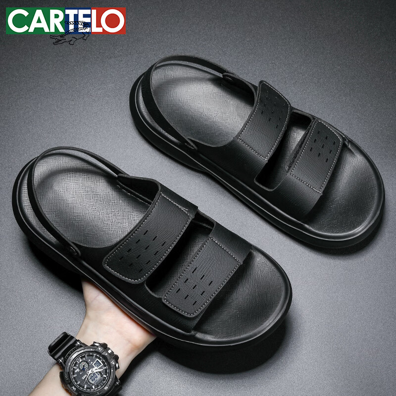 CARTELO Men's Leather Sandals 2026 New Summer Breathable Slippers High-End Soft Sole Beach Shoes K903 Black Size 38