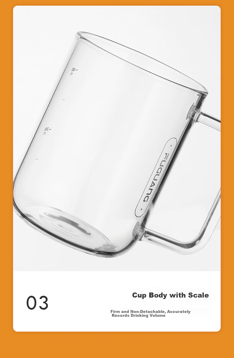 Fuguang High Borosilicate Glass Tea Cup Single Layer Juice Milk Cup with Handle and Measurement for Men and Women 8