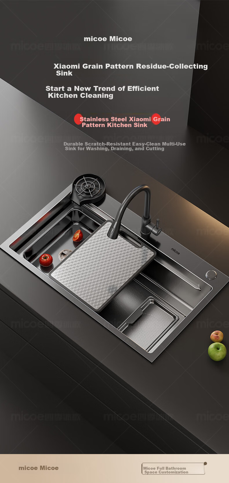 Sacon Four Seasons Kitchen Sink Handmade Single Bowl L8 Series 5MM Thickened 304 Stainless Steel Antibacterial Strainer Vegetable Washing Basin 75 2