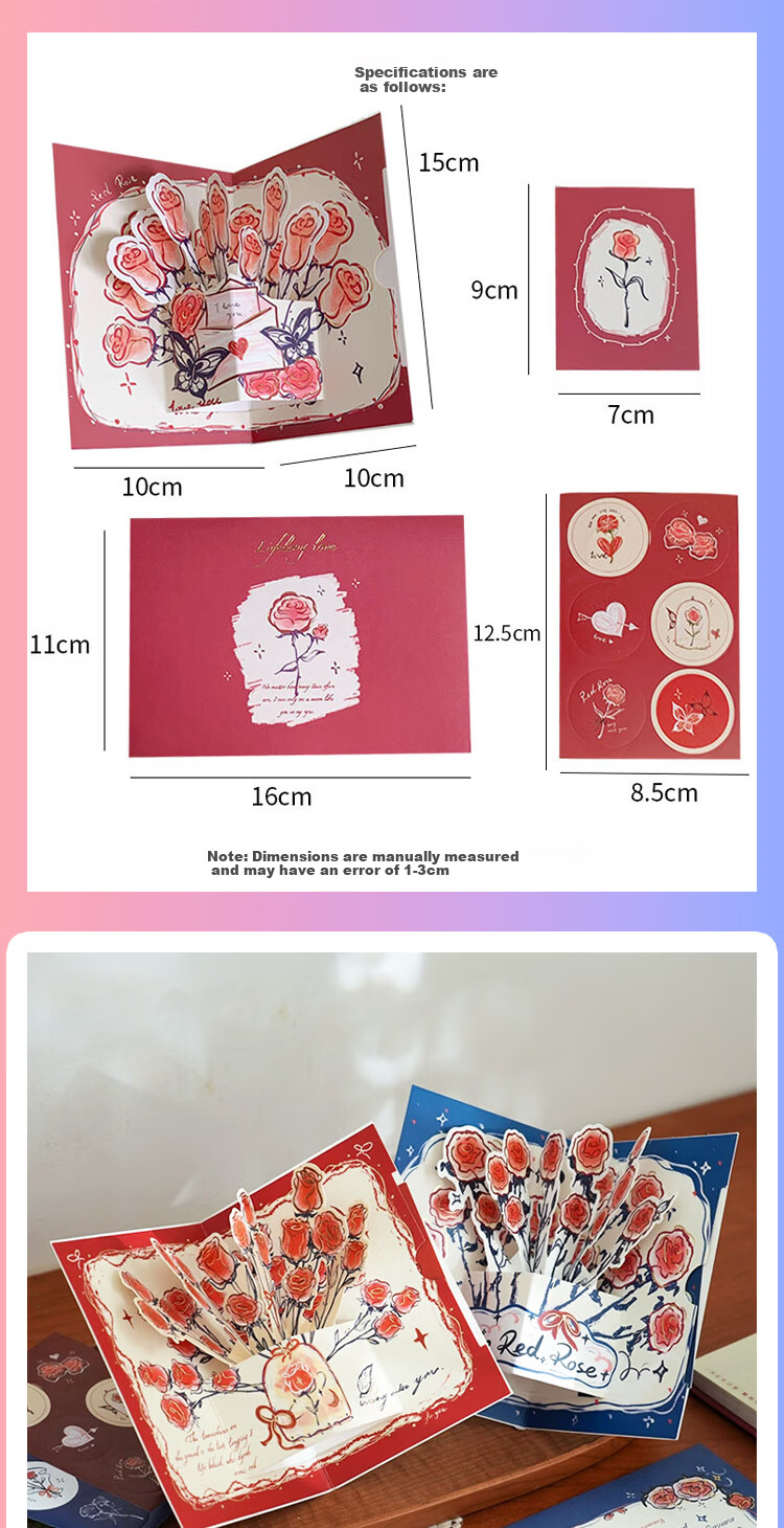 Jufu 3D Pop-Up Greeting Card High-End Foldable Rose Blessing Cute Confession Card Set for Girls Friends Birthday Graduation Anniversary 520 Gift 1