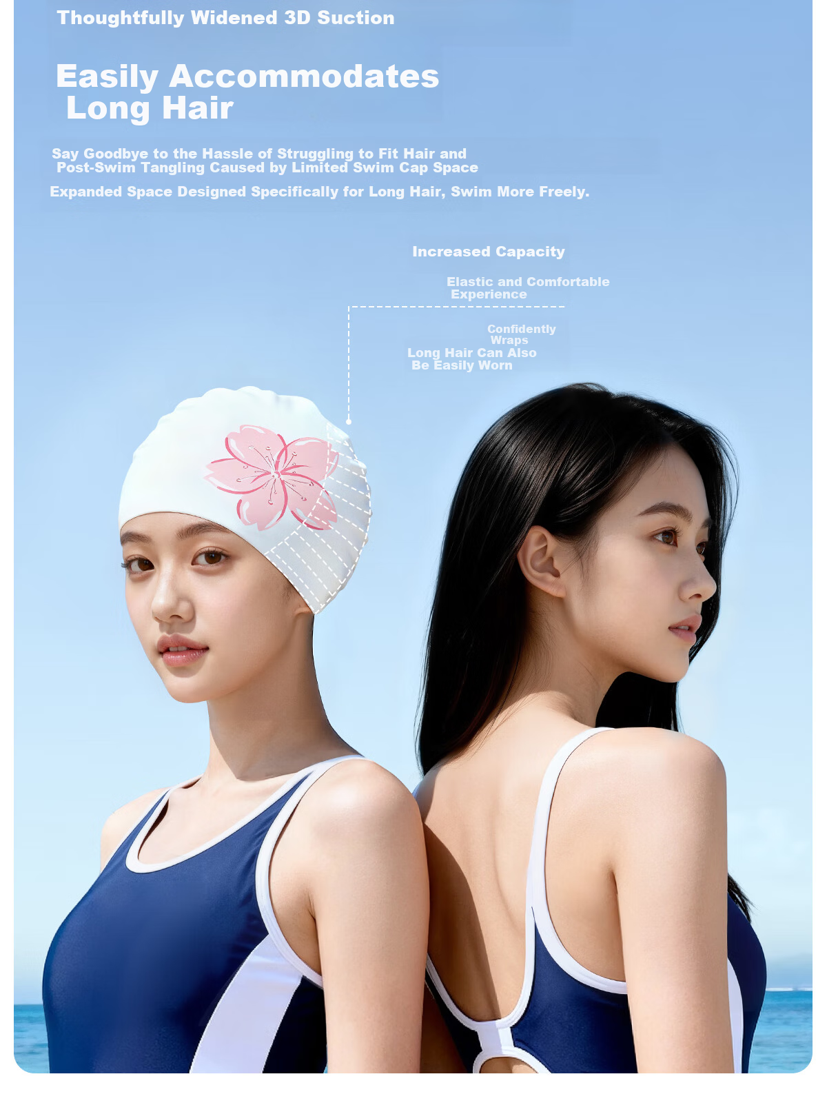 361° Women's Silicone Waterproof Printed Swimming Cap for Long Hair, Non-Tight, Ear Protection, Professional Large Size 4