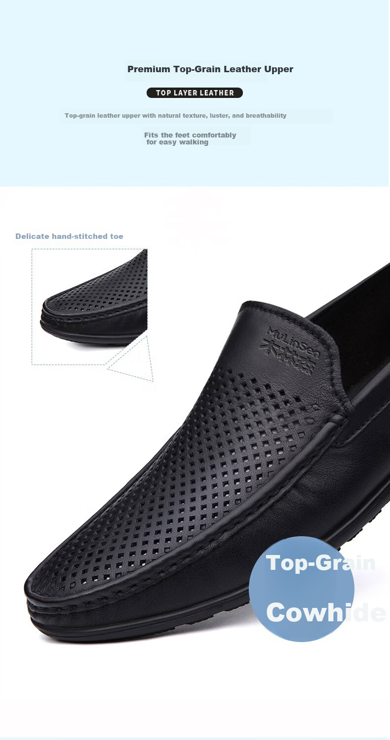 MULINSEN Men's Shoes, Top-Grain Leather, Hollow Breathable Casual Shoes, Slip-On Soft-Soled Loafers, 19591s 9
