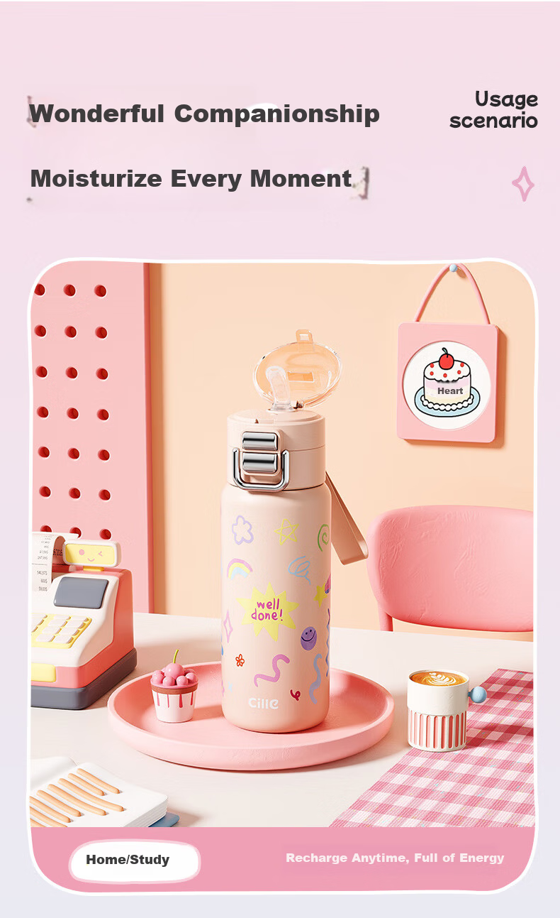 Cille Kids Insulated Water Bottle 316 Stainless Steel Student Portable Straw Cup for Boys and Girls 8