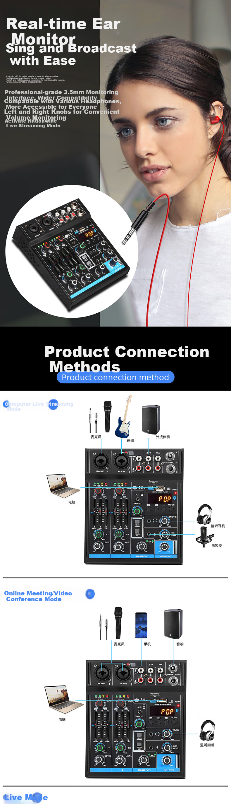 Depusheng Professional 4-Channel Mixer USB Sound Card Bluetooth USB EQ Reverb 7-In 4-Out M4 for Computer Live Streaming Recording Home KTV Singing Video Conference Karaoke 4