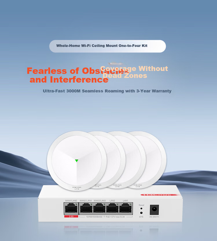 H3C Whole-Home WiFi Kit 5G Distributed Enterprise-Grade Gigabit Network Coverage for Large Office IoT 600㎡ 4x 3000M Ceiling APs + 5-Port POE Controller 1
