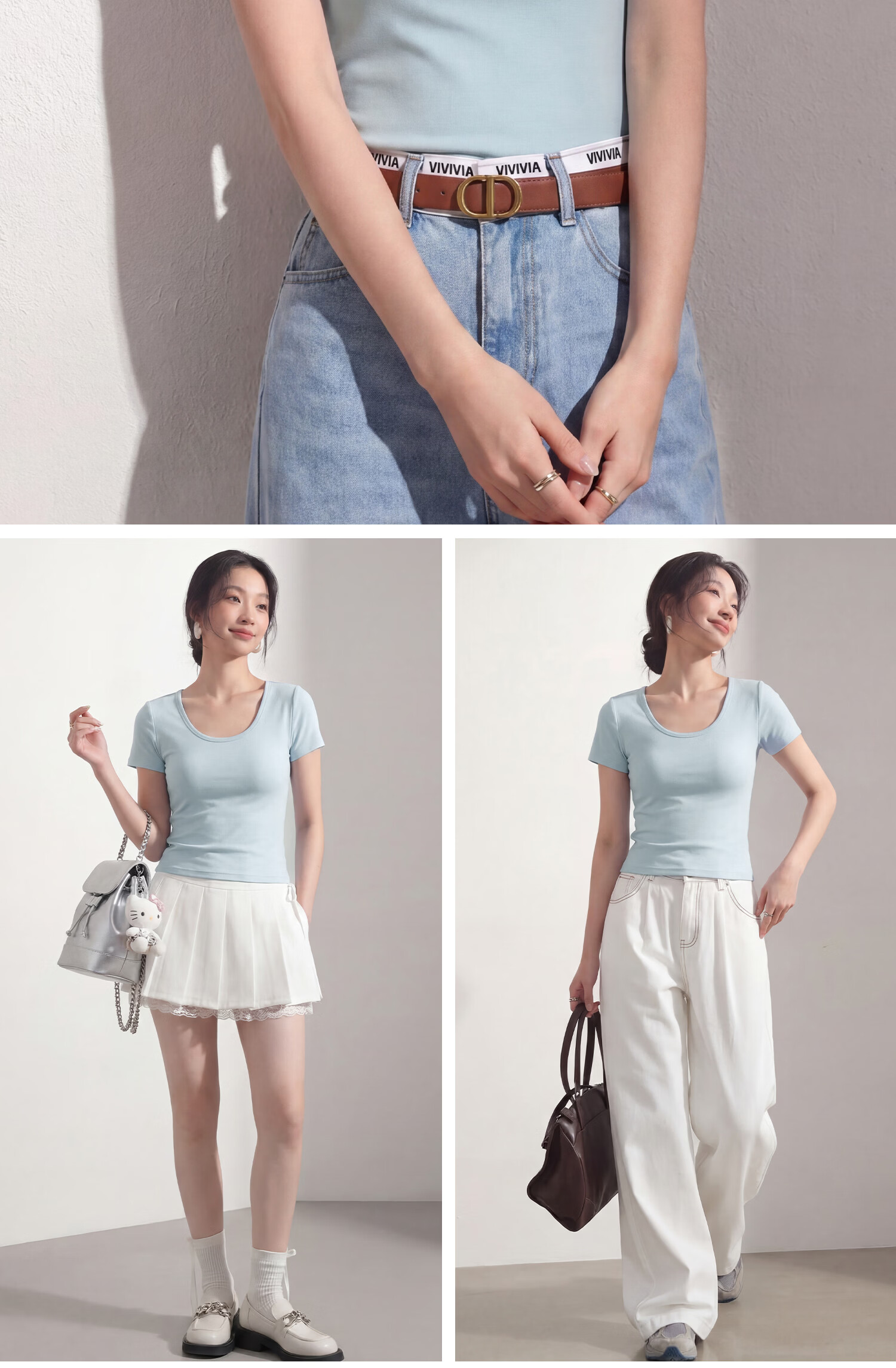 Miiow Women's Short Sleeve T-Shirt 2026 New Summer Thin Cool Fit U-Neck Black and White Slim Fit Top 26