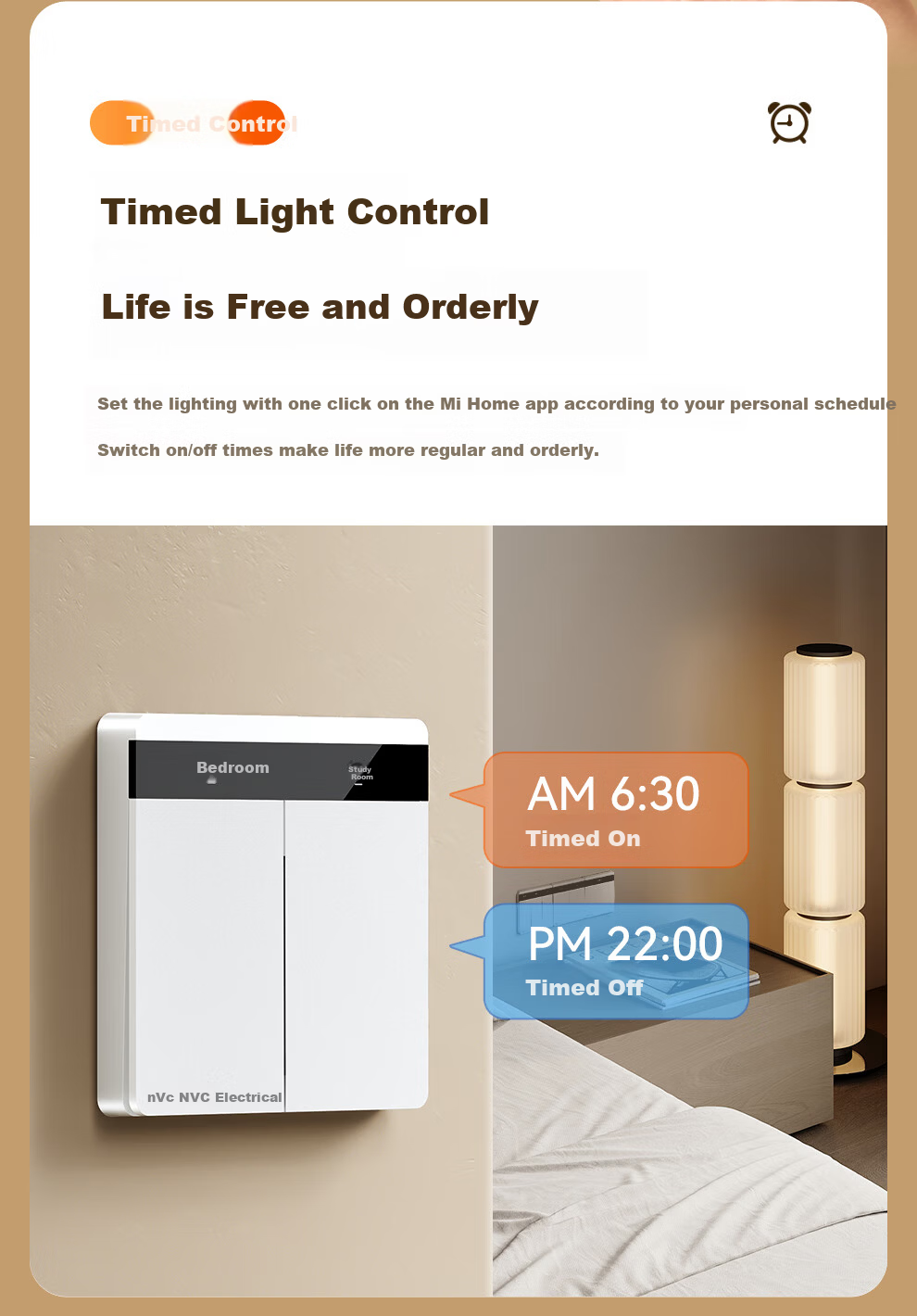 NVC Lighting Electrical Switch Socket Screen Display Smart Switch Compatible with Mijia Customizable Button Names Zero Fire Double Key White 9